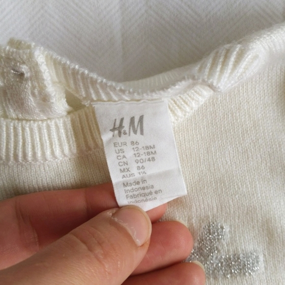 H&M cream snowflake fine knit wool content crewneck sweater 12-18 months girl - Picture 3 of 7